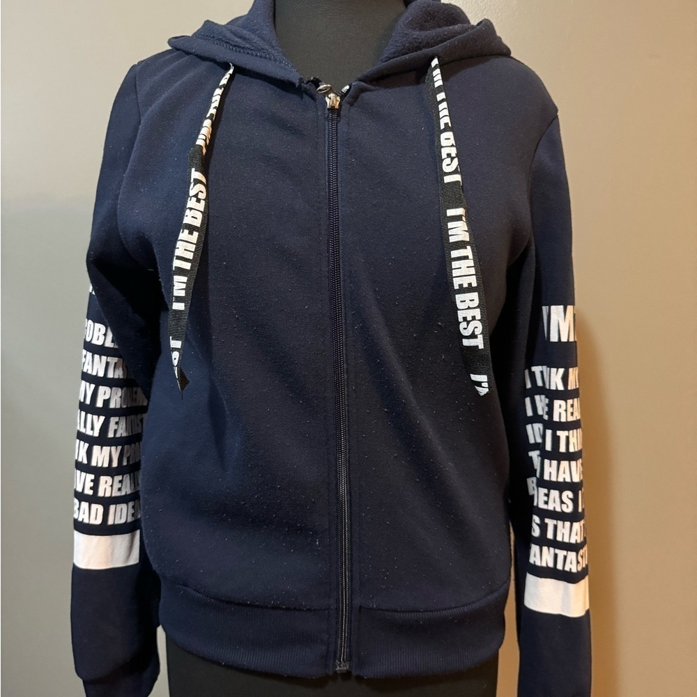 Navy Zip-Up Hoodie with White Text